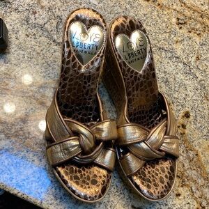 Love and Liberty high wedges with gold accent straps, size 11